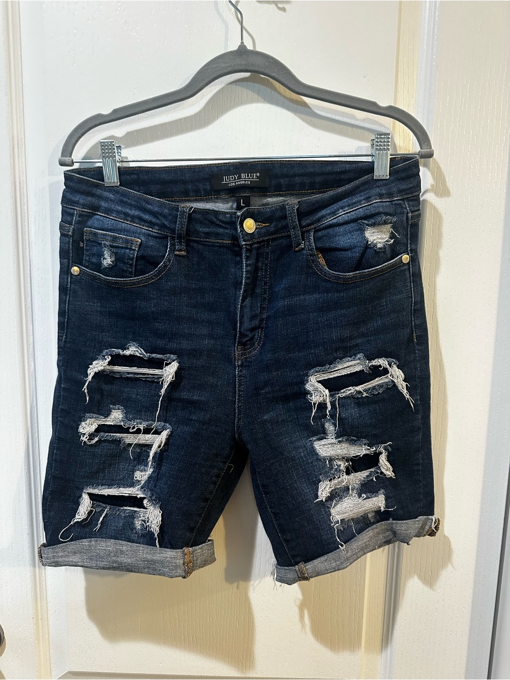 Judy Blue Dark Indigo Distressed Roll-Hem Denim Shorts